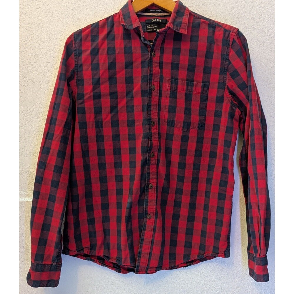 Cactus Mens Size  Medium Shirt Red Blue Button Down Plaid (168m)